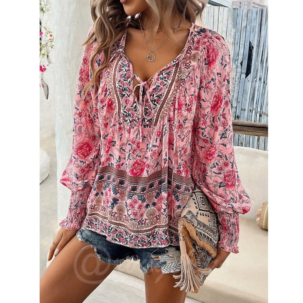 Pink Floral Printed Boho Long Sleeve Blouse Loose Fit Neck Ties Lantern Sleeve